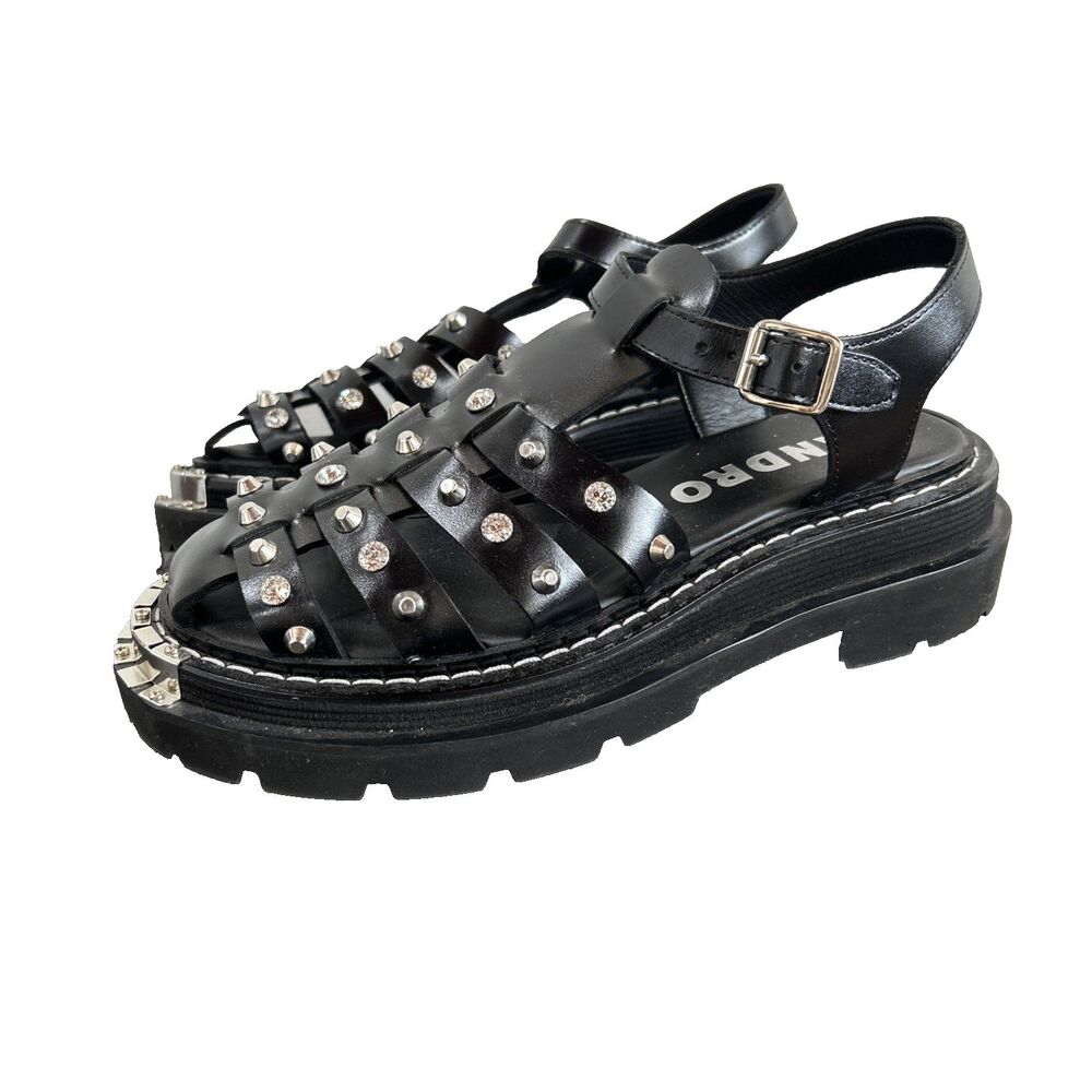 Sandro Olys Studded Leather Caged Fisherman Sandals Black Rhinestone Sz 39/US8.5 - Picture 2 of 11